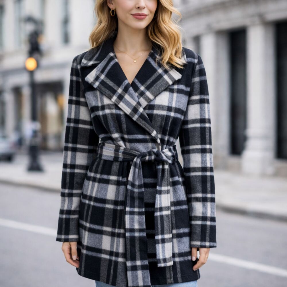 Wool Alpaca Blend Jacket Theory Blue Plaid Wrap Coat Long Sleeve M